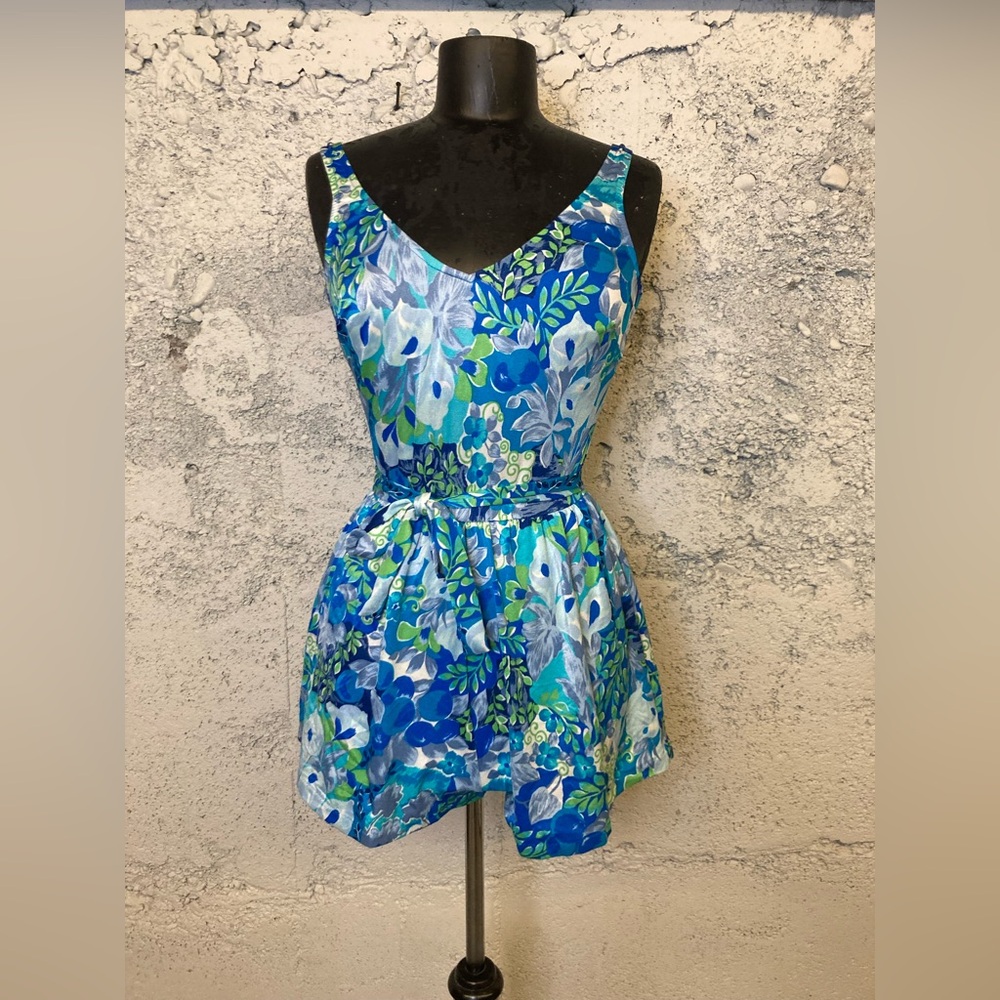 Vintage Floral Blue and Green Sleeveless Swim Romper